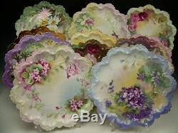 11 Antique Austria Hand Painted Roses Floral Scalloped Cabinet Plates