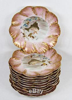 11 Piece Antique Limoges Porcelain Hand Painted Fish Serving Plates Gravy Boat