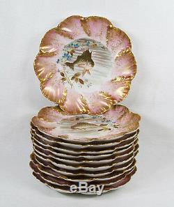 11 Piece Antique Limoges Porcelain Hand Painted Fish Serving Plates Gravy Boat