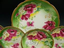 11 Pieces Limoges Hand Painted Floral Green Gold Ice Cream Dessert Set