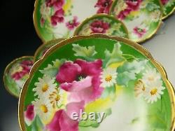 11 Pieces Limoges Hand Painted Floral Green Gold Ice Cream Dessert Set