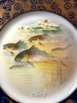 12 Cobalt & Gold Hand Painted Signed Fish Plates 9 D & Co/ B & Co Limoges 14N