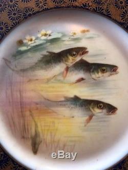 12 Cobalt & Gold Hand Painted Signed Fish Plates 9 D & Co/ B & Co Limoges 14N
