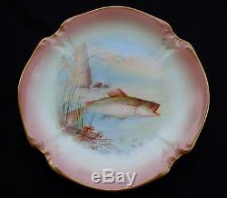 12 Fabulous Fish Plates In Natural Habitat Hand Painted Mr Limoges France 1890's