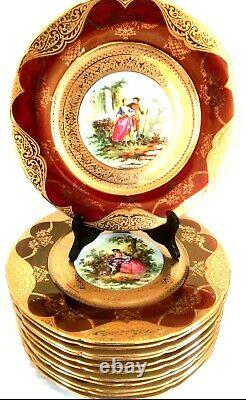 12 LIMOGES 11PORTRAIT CHARGERS, Hand Painted Scenes, Ruby Red with 22K Gold. Vtg
