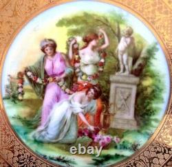 12 LIMOGES 11PORTRAIT CHARGERS, Hand Painted Scenes, Ruby Red with 22K Gold. Vtg
