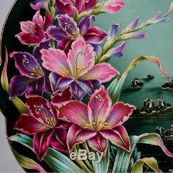 14 French Limoges Hand Painted Porcelain Plate Charger Lotus Flowers Gold Trim