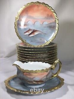 (14 Pc) Blakeman & Henderson (B&H) Limoges Hand-Painted FISH SERVICE for 12