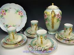 15 Pieces Limoges Hand Painted Roses Chocolate Pot Cups Saucers Dessert Plates