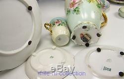 15 Pieces Limoges Hand Painted Roses Chocolate Pot Cups Saucers Dessert Plates