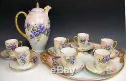 17 Pcs Antique Bavaria Hand Painted Violets Chocolate Set Tray Artist Eastman