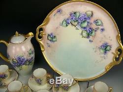 17 Pcs Antique Bavaria Hand Painted Violets Chocolate Set Tray Artist Eastman