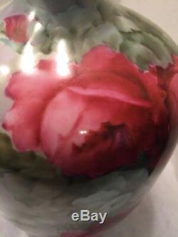 1800s Paul Putzki Signed JP L Limoges Porcelain Hand Painted Roses Vase 7rare