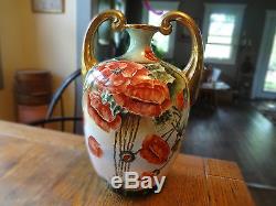 1890s J. P. L. LIMOGES Large Urn Vase Handpainted Orange Poppies Gold Handles-Mint