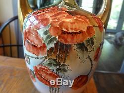 1890s J. P. L. LIMOGES Large Urn Vase Handpainted Orange Poppies Gold Handles-Mint