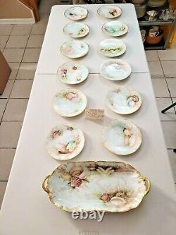 1898 Rare T&V Limoges Hand Painted Plate Seashell Sea Floor Set of 13 pcs