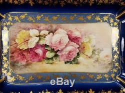 18.5/47cm Limoges France cobalt blue porcelain hand-painted rose tray/plat 1888