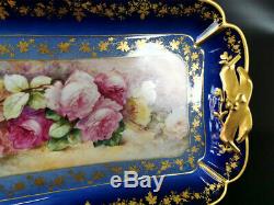 18.5/47cm Limoges France cobalt blue porcelain hand-painted rose tray/plat 1888