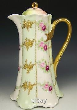 1900 Limoges Hand Painted Roses & Raised Gold Chocolate Pot