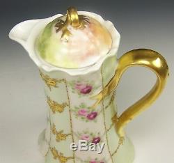 1900 Limoges Hand Painted Roses & Raised Gold Chocolate Pot