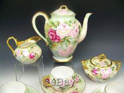 1908 Limoges Hand Painted Roses Tea Coffee Chocolate Creamer Sugar Set Signed