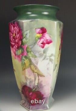 1917 Limoges Hand Painted Roses Hexagon 11.5 Vase
