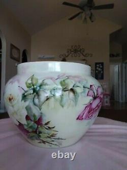 19th C. DELINIERES & CO. LIMOGES HAND ENAMELED JARDINIERE with ROSE DESIGN