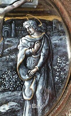19th Century Miniature Hand-Painted Enamel on Tile Jesus Christ on Cross Limoges