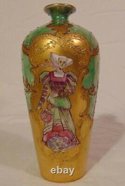 19th Jean POUYAT Hand Painted French Limoges Bead Portrait Scenic Vase Maiden