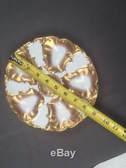 2 AntQ Limoges Heavy Gilt Hand Painted Rococo Edges Oyster Plates Mint