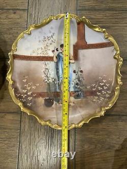 2 LIMOGES PLATES HAND PAINTED GOLD ANTIQUE PORCELAIN FRANCE LRL GIRL With FLOWERS