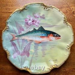 2x Antique Coiffe Limoges Porcelain Plate Hand Painted FISH Artist Signed 9.5
