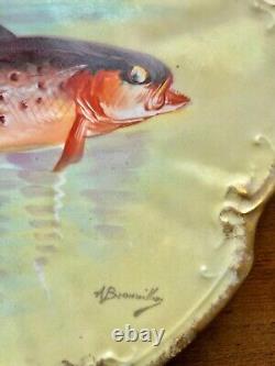 2x Antique Coiffe Limoges Porcelain Plate Hand Painted FISH Artist Signed 9.5