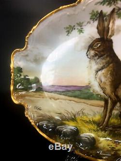 47.5 cm/ 18.7 huge Limoges France porcelain hand-painted rabbit tray, 1909-1938