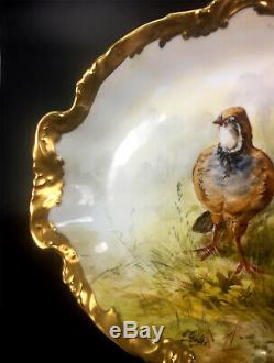 47 cm/ 18.5 huge Limoges France porcelain hand-painted birds tray, after 1924