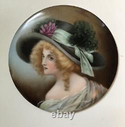 4 inch Antique Limoges Hp Portrait Plaque Signed Beautiful lady hat
