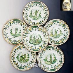 6 Antique French Limoges Hand Painted Porcelain Plates Set Sterling Silver Rims