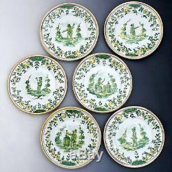 6 Antique French Limoges Hand Painted Porcelain Plates Set Sterling Silver Rims