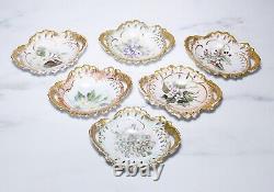6 Antique French Limoges Hand Painted Porcelain Reticulate Gilt Serving Dishes
