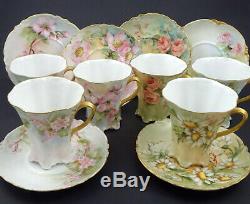 6 Antique Haviland Limoges Chocolate Cups & Saucers Hand Painted