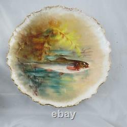 6 Antique LDBC Flambeau French Limoges Hand Painted Fish Plates 8-1/2 b