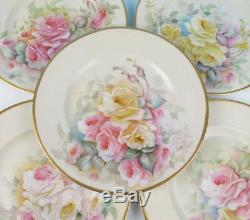 6 Artist Hand Painted Roses Dinner / Service Plate Pink Yellow Gold Porcelain