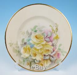 6 Artist Hand Painted Roses Dinner / Service Plate Pink Yellow Gold Porcelain