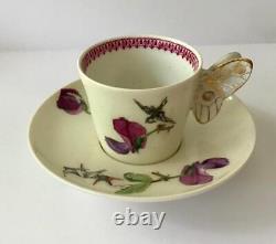 6 Butterfly Handle Haviland & Co Limoges Cups Saucers, Handpainted Birds/Flowers