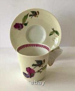 6 Butterfly Handle Haviland & Co Limoges Cups Saucers, Handpainted Birds/Flowers