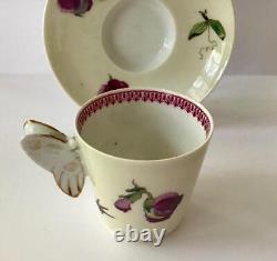 6 Butterfly Handle Haviland & Co Limoges Cups Saucers, Handpainted Birds/Flowers