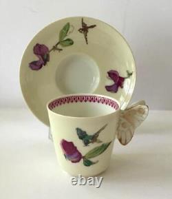 6 Butterfly Handle Haviland & Co Limoges Cups Saucers, Handpainted Birds/Flowers