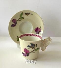 6 Butterfly Handle Haviland & Co Limoges Cups Saucers, Handpainted Birds/Flowers