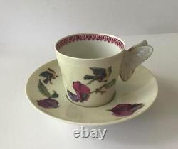 6 Butterfly Handle Haviland & Co Limoges Cups Saucers, Handpainted Birds/Flowers