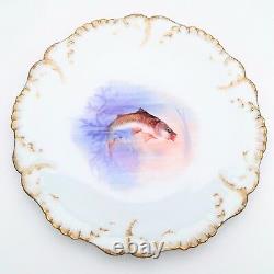 6 Hand Painted Limoges Fish Plates by Laviolette Co, Sold by L. Straus & Sons